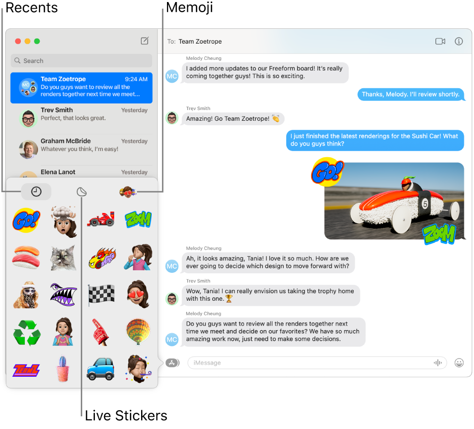A Messages window with several conversations listed in the sidebar at the left. The Stickers options in the lower-left corner show Recents, Live Stickers, and Memoji. A conversation is showing at the right.