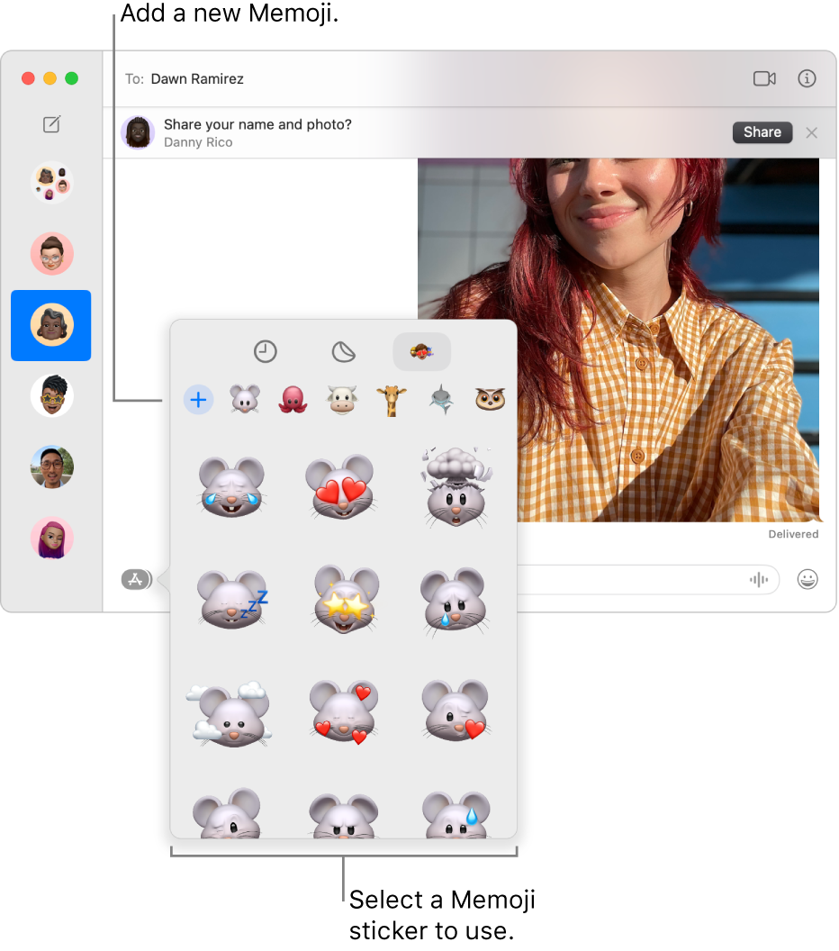 The Messages window with several conversations listed in the sidebar at the left, and a transcript showing at the right. When choosing Memoji Stickers from the Apps button, you can select a Memoji sticker to use or create a new Memoji.