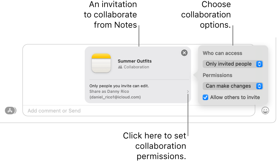 A close-up of the text message field at the bottom of the Messages conversation. There’s an invitation to collaborate on a note. You can click the right side of the invitation to set collaboration permissions.