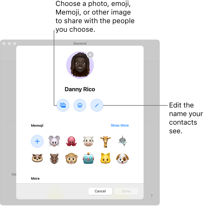 The Name and Photo Sharing dialog, showing options for editing the name your contacts see and choosing a photo, emoji, Memoji, or other image.