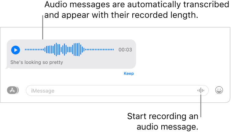 A Messages conversation, showing the Record Audio button next to the text field at the bottom of the window. An audio message with its transcription and recorded length appears in the conversation.