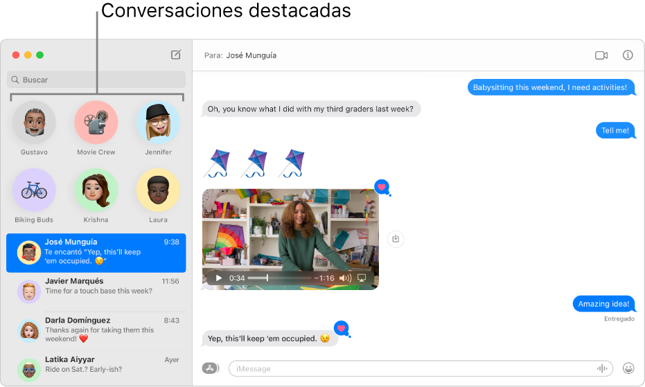 Mensajes con varias conversaciones destacadas en el lado izquierdo de la ventana.