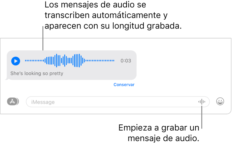Una conversación de Mensajes mostrando el botón Grabar audio junto al campo de texto en la parte inferior de la ventana. Un mensaje de audio aparece con su transcripción y duración registrada en la conversación.