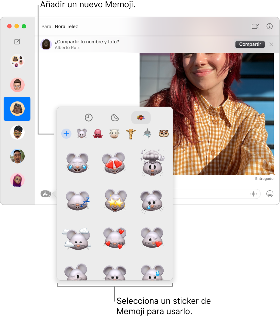 La ventana de Mensajes con varias conversaciones enumeradas en la barra lateral a la izquierda una y una transcripción a la derecha. Al elegir stickers de Memoji desde el botón Apps, puedes seleccionar un sticker de Memoji para usar o crear un Memoji nuevo.