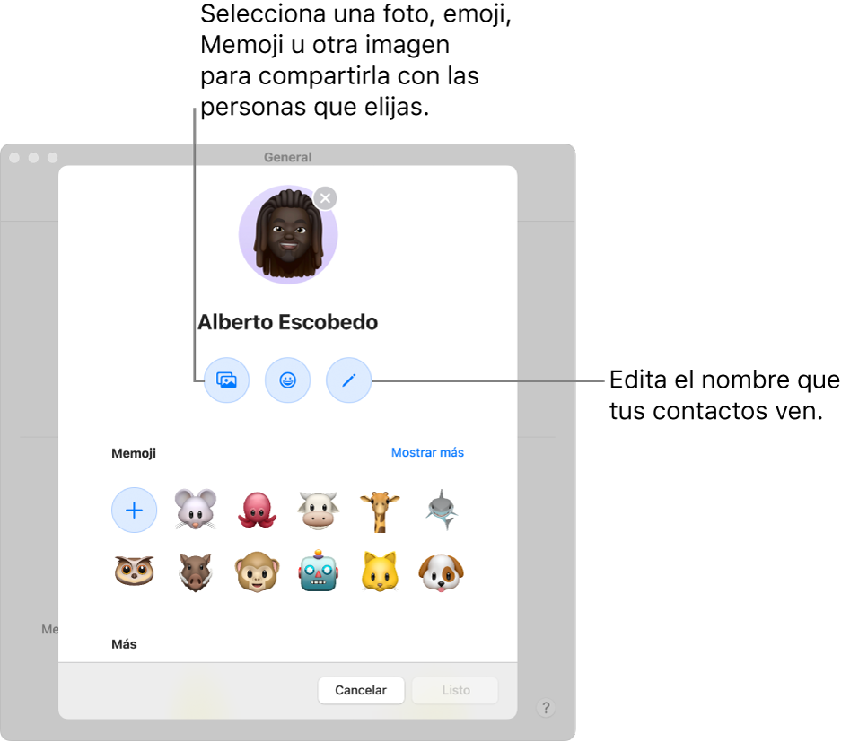 El cuadro de diálogo Compartir nombre y foto mostrando opciones para editar el nombre que tus contactos ven, y elegir una foto, emoji, Memoji u otra imagen.