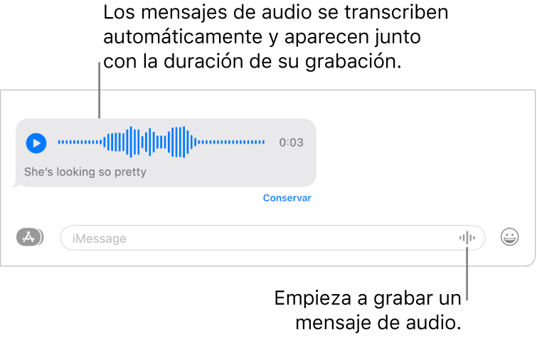Una conversación de Mensajes, con el botón “Grabar audio” junto al campo de texto en la parte inferior de la ventana. En la conversación aparece un mensaje de audio con su transcripción y la duración de la grabación.
