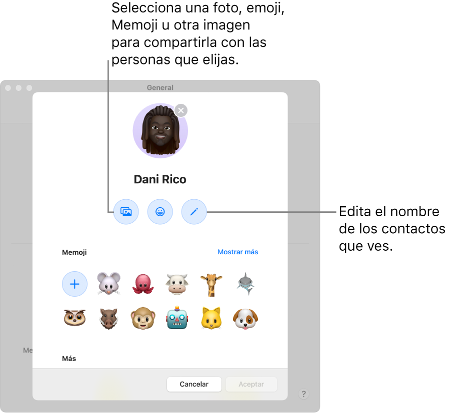 El cuadro de diálogo “Compartir nombre y foto”, con opciones para editar el nombre de tus contactos y para elegir una foto, un Memoji, un emoji u otra imagen.