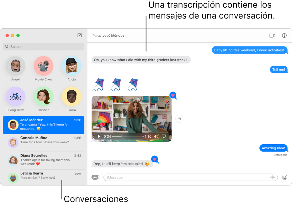 La ventana de Mensajes con conversaciones en la barra lateral y la transcripción que contiene los mensajes de la conversación.