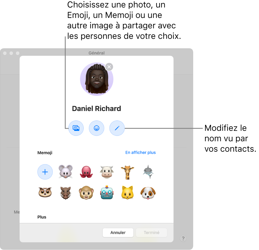 La zone de dialogue Partage de nom et photo, qui affiche les options de modification du nom que vos contacts voient et de sélection d’une photo, d’un émoji, d’un Memoji ou d’une autre image.