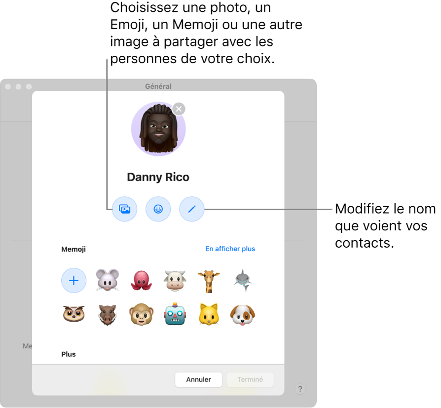 La zone de dialogue de partage du nom et de la photo, affichant les options permettant de modifier le nom que vos contacts voient et de choisir une photo, un Emoji, un Memoji ou une autre image.