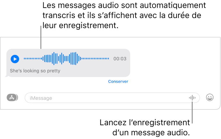 Conversation Messages avec le bouton « Enregistrer l’audio » en regard de la zone de texte au bas de la fenêtre. Un message audio avec sa transcription s’affiche avec sa durée dans la conversation.