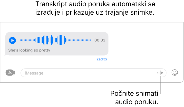 Razgovor u Porukama s tipkom Snimi audio pored tekstualnog polja na dnu prozora. Audio poruka s transkripcijom i snimljenom dužinom prikazuje se u razgovoru.
