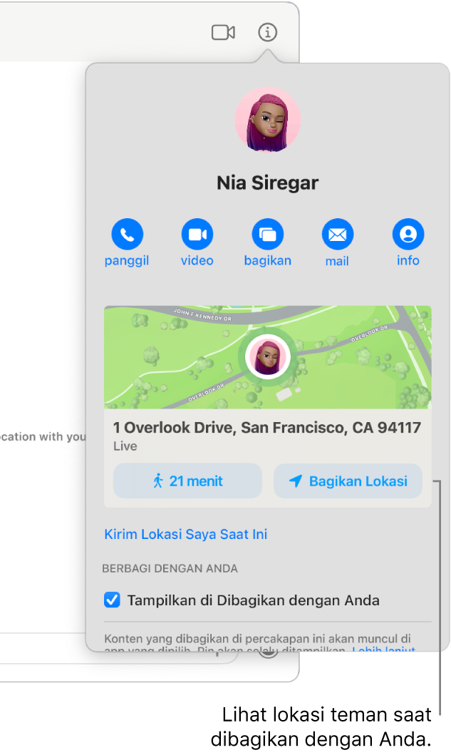 Tampilan Info, yang muncul setelah Anda mengeklik tombol Info di percakapan, yang menampilkan ikon orang yang membagikan lokasi mereka dengan Anda dan peta serta alamat lokasi mereka.
