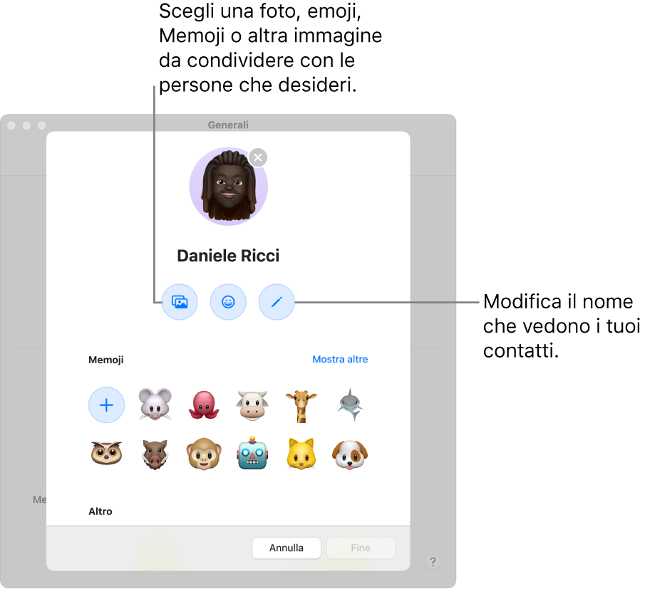 La finestra di dialogo per la condivisione del nome e della foto che mostra le opzioni per modificare il nome visualizzato dai tuoi contatti e per scegliere una foto, un’emoji, una Memoji o un’altra immagine.