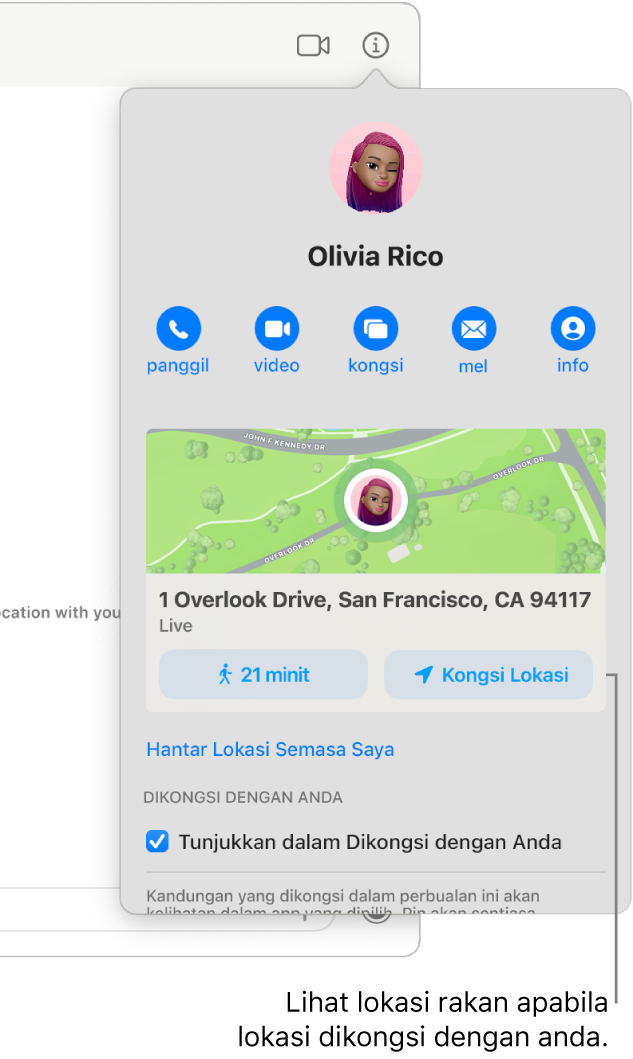 Paparan Info, yang kelihatan selepas anda mengklik butang Info dalam perbualan, menunjukkan ikon orang yang berkongsi lokasi mereka dengan anda serta peta dan alamat lokasi mereka.