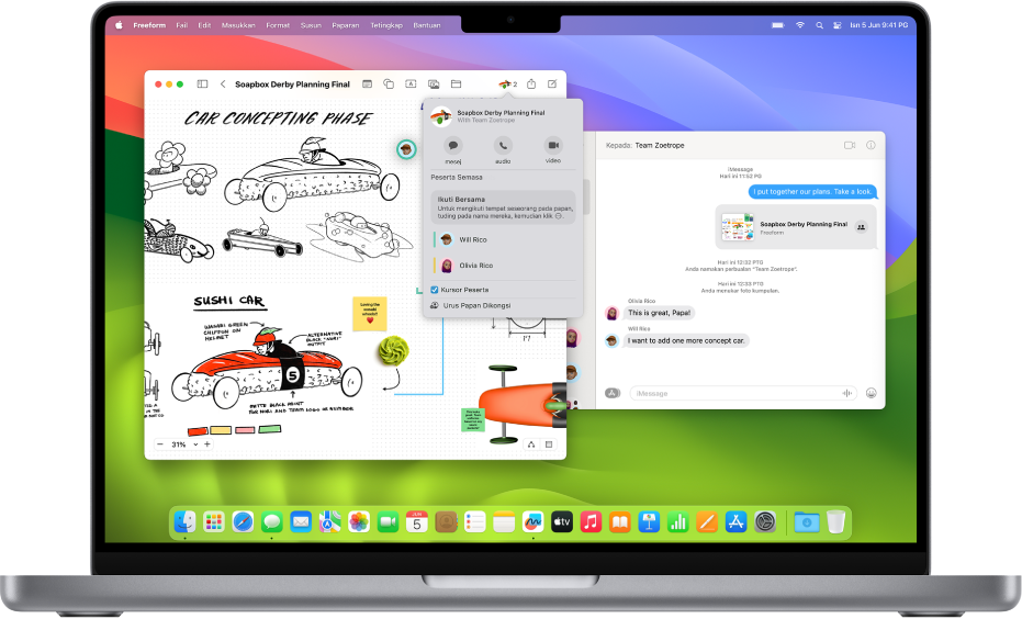 Desktop Mac dengan dua tetingkap terbuka: tetingkap Freeform dengan papan dikongsi dan pilihan untuk bekerjasama, serta app Mesej dengan perbualan menunjukkan papan dikongsi yang sama.