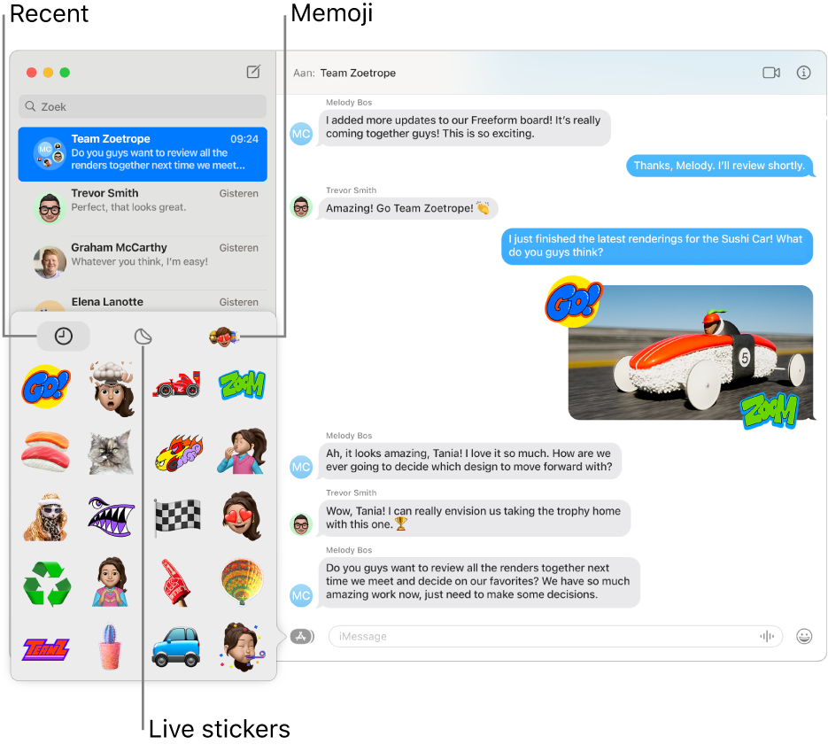 Een Berichten-venster met verschillende gesprekken in de navigatiekolom aan de linkerkant. De optie 'Stickers' linksonder met 'Recent', 'Live stickers' en 'Memoji'. Aan de rechterkant wordt een gesprek weergegeven.