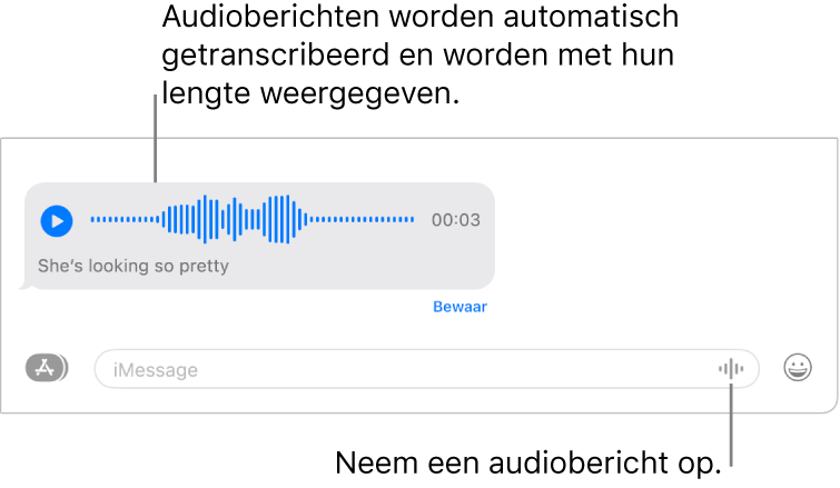 Een gesprek in Berichten met de knop 'Neem audio op' naast het tekstveld onder in het venster. Een audiobericht met de bijbehorende transcriptie en de duur van de opname verschijnen in het gesprek.