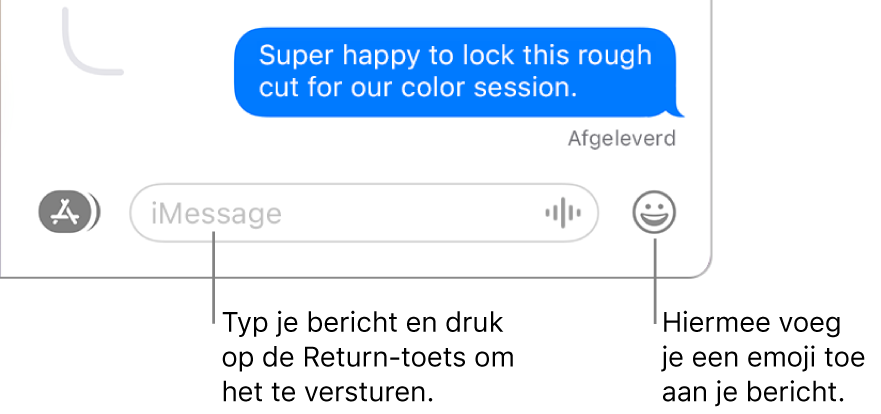 Uitgeschreven tekst in het Berichten-venster, met het berichtveld onder in het venster.