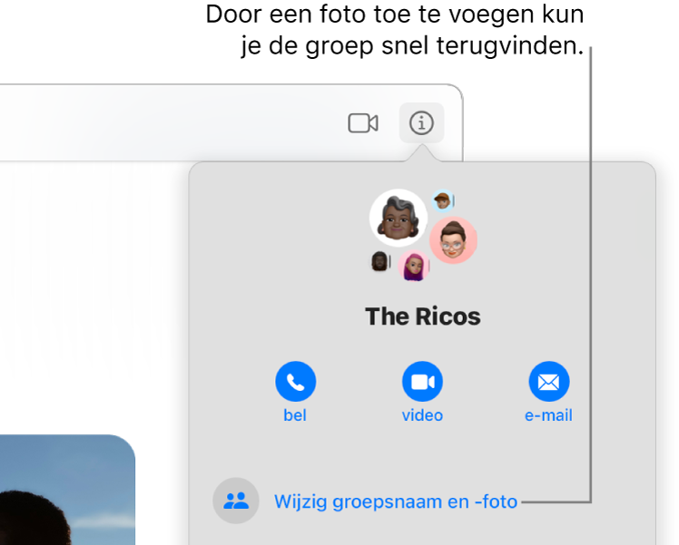 Infoweergave van een groepsgesprek, die verschijnt nadat je in een gesprek op de infoknop hebt geklikt, met symbolen voor de leden van de groep en de naam van de groep. Onder de naam van de groep bevinden zich knoppen voor het starten van een audio- of FaceTime-videogesprek of waarmee je de groep kunt e-mailen. Daaronder staat de knop voor het wijzigen van de naam en de foto van de groep.