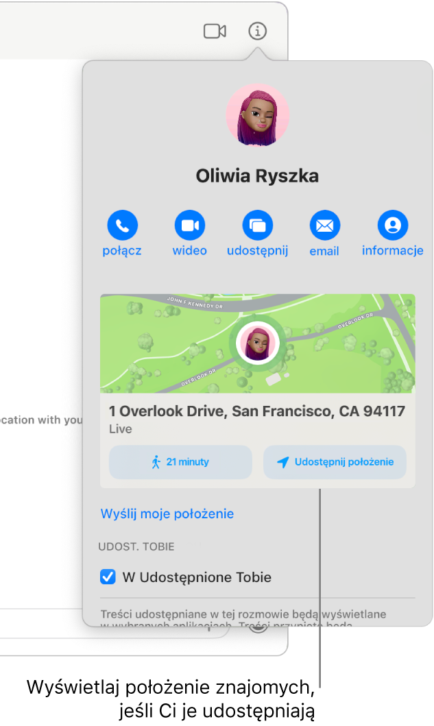 Widok informacji, wyświetlany po kliknięciu w przycisk informacji w rozmowie. Widoczna jest ikona osoby udostępniającej swoje położenie oraz mapa z adresem tej osoby.