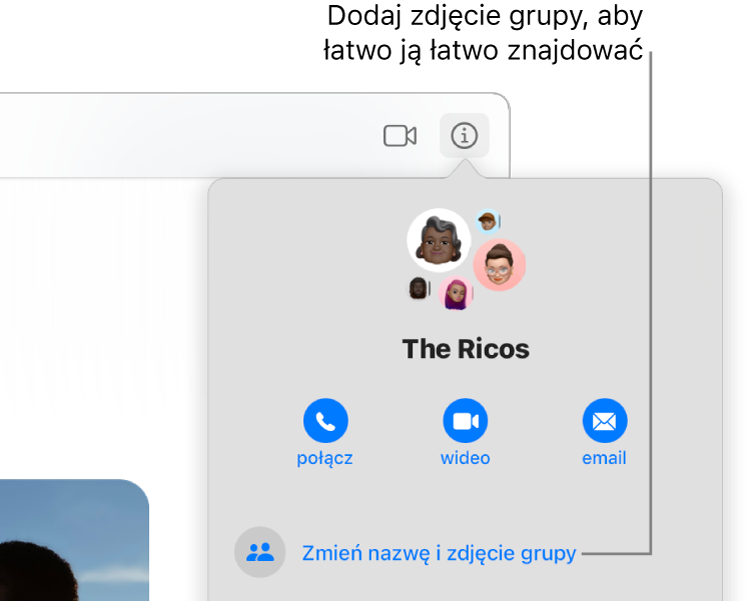 Widok informacji o rozmowie grupowej, wyświetlany po kliknięciu w przycisk informacji w rozmowie. Widoczne są ikony poszczególnych członków grupy oraz nazwa grupy. Poniżej nazwy grupy znajdują się przyciski umożliwiające wykonanie połączenia FaceTime audio, połączenia FaceTime wideo oraz wysłanie wiadomości email do grupy. Poniżej znajduje się przycisk pozwalający zmieniać nazwę i zdjęcie grupy.