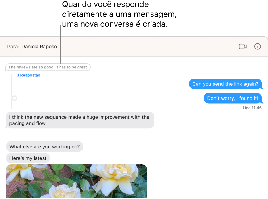 Janela do app Mensagens mostrando uma conversa com uma nova conversa abaixo de uma mensagem específica.