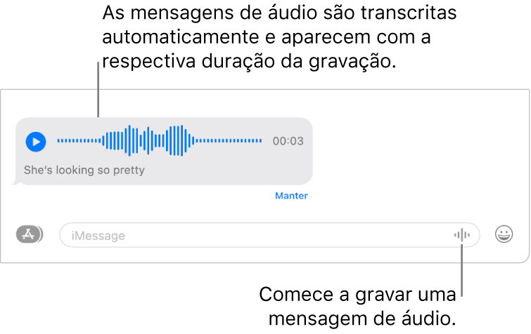 Uma conversa do app Mensagens, mostrando o botão Gravar Áudio ao lado do campo de texto na parte inferior da janela. Uma mensagem de áudio com sua transcrição e duração da gravação aparece na conversa.