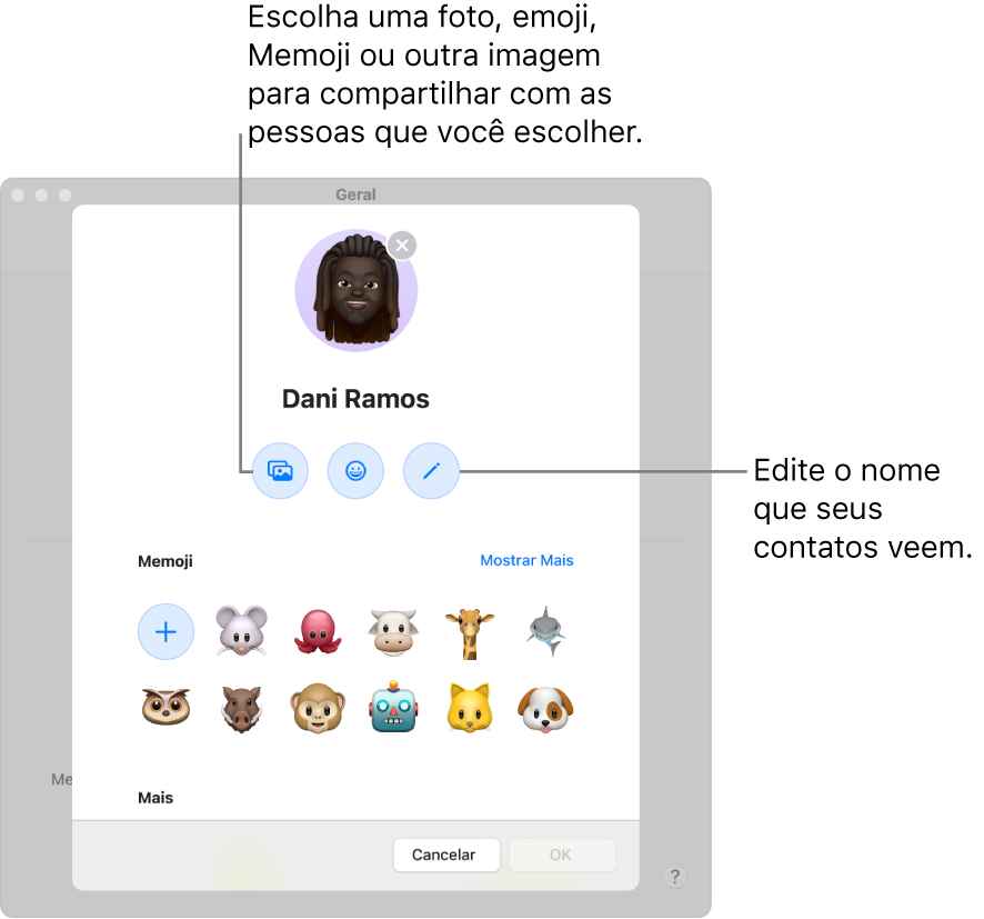 O diálogo de Compartilhamento de Nome e Foto, mostrando opções para editar o nome que os contatos veem e escolher uma foto, emoji, Memoji ou outra imagem.