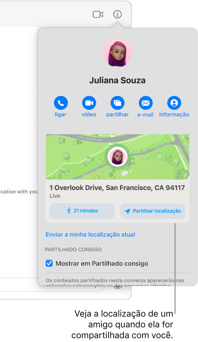 A vista de informação, que aparece quando se clica no botão de informação numa conversa, a mostrar o ícone de uma pessoa que partilhou a localização e um mapa e o endereço da localização.