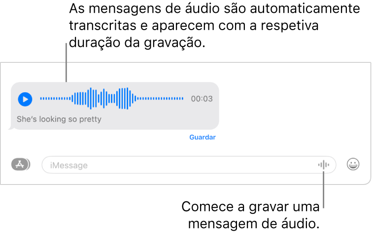 Uma conversa na aplicação Mensagens a mostrar o botão “Gravar áudio” junto ao campo de texto na parte inferior da janela. Uma mensagem de áudio aparece na conversa com a respetiva transcrição e duração.