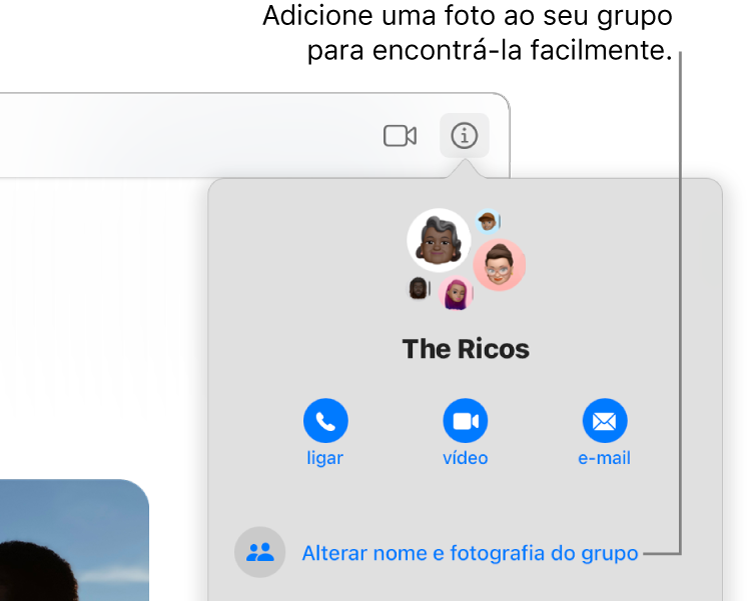 A vista de informação de uma conversa de grupo, que aparece quando se clica no botão de informação numa conversa, a mostrar ícones dos membros do grupo e o nome do grupo. Por baixo do nome do grupo existem botões para fazer uma chamada de áudio ou uma chamada FaceTime vídeo, ou enviar um e‑mail ao grupo. Por baixo, encontra‑se o botão para alterar o nome do grupo e a fotografia.