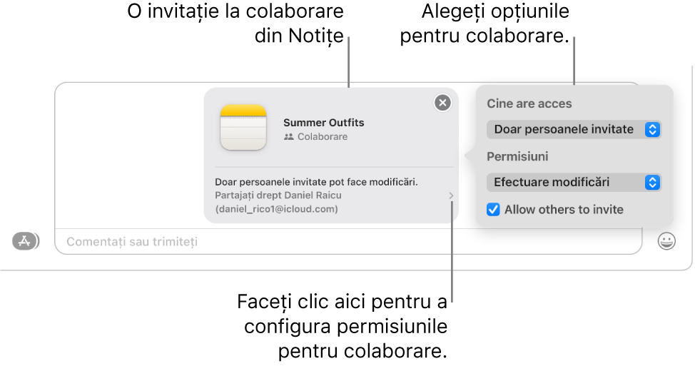 Un detaliu al câmpului mesajului text din partea de jos a conversației Mesaje. Există o invitație de a colabora la o notiță. Puteți face clic în partea dreaptă a invitației pentru a configura permisiunile de colaborare.