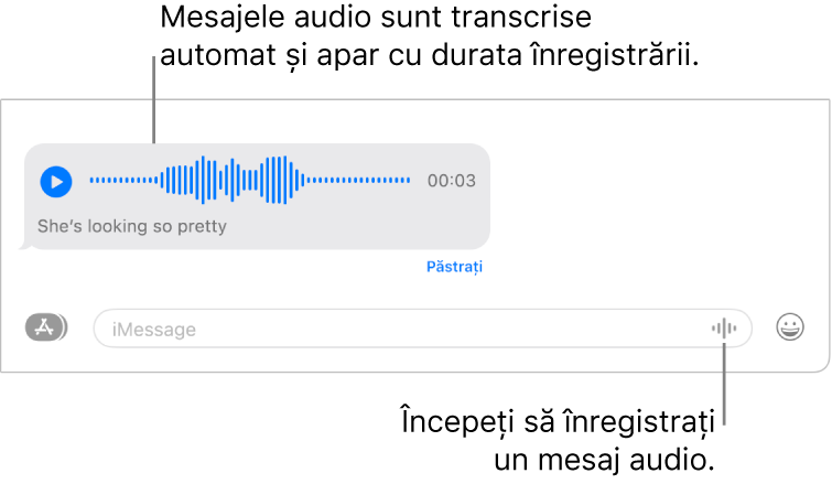 O conversație Mesaje, afișând butonul “Înregistrează audio” lângă câmpul de text din partea de jos a ferestrei. Un mesaj audio apare cu transcrierea sa și lungimea înregistrată apare în conversație.