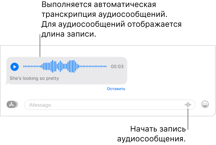 В приложении «Сообщения» открыт разговор: в нижней части окна показана кнопка «Записать аудио» рядом с текстовым полем. В разговоре отображается аудиосообщение с расшифровкой и указанием его длины.