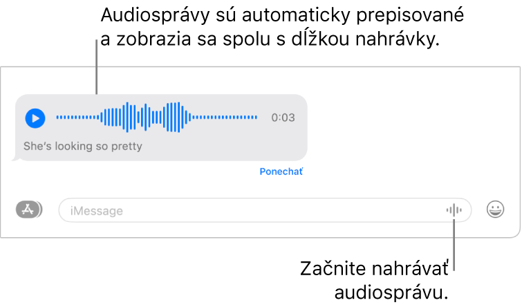 Konverzácia v apke Správy zobrazujúca tlačidlo Nahrať audio vedľa textového poľa v dolnej časti okna. V konverzácii sa zobrazí audiospráva spolu s prepisom a dĺžkou.