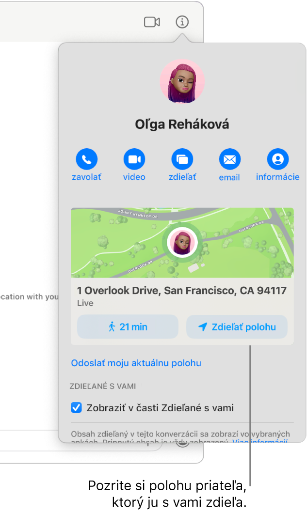 Zobrazenie Informácie,ktoré sa zobrazí, keď kliknete na tlačidlo Informácie v konverzácii zobrazujúce ikonu osoby, ktorá s vami zdieľala svoju polohu a mapa a adresa jej polohy.