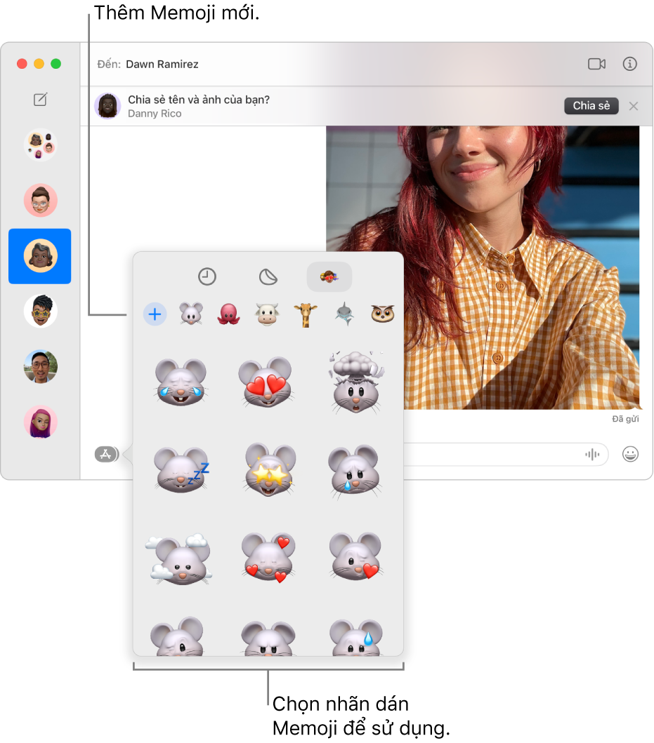 Cửa sổ Tin nhắn với một vài cuộc hội thoại được liệt kê trong thanh bên ở bên trái và một bản chép lại đang hiển thị ở bên phải. Khi chọn Nhãn dán Memoji từ nút Ứng dụng, bạn có thể chọn nhãn dán Memoji để sử dụng hoặc tạo Memoji mới.