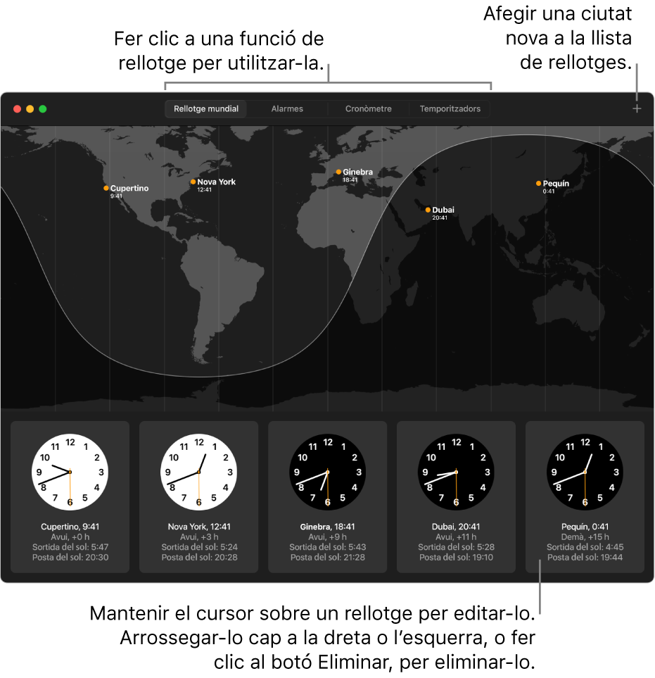 Un mapa del món amb l’hora local i l’hora de sortida i posta del sol en diferents ciutats del món.