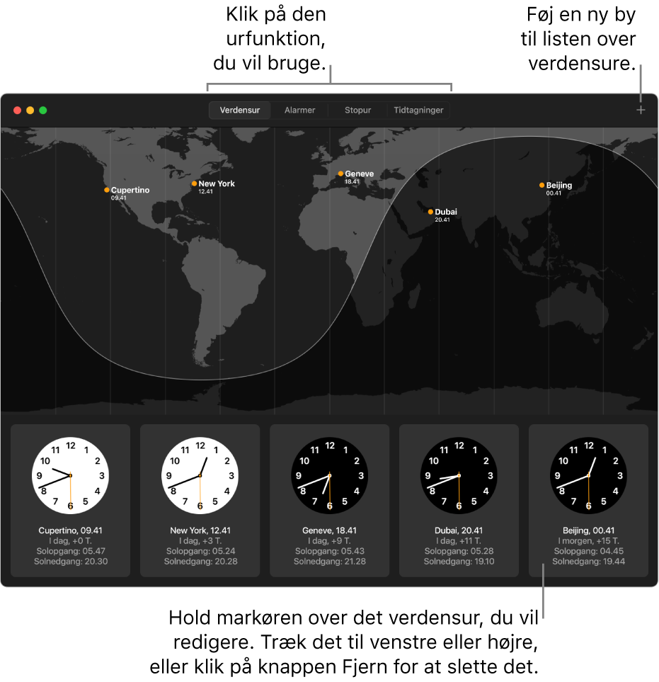 Et verdenskort der viser det lokale klokkeslæt, solopgang og solnedgang i forskellige byer overalt i verden.