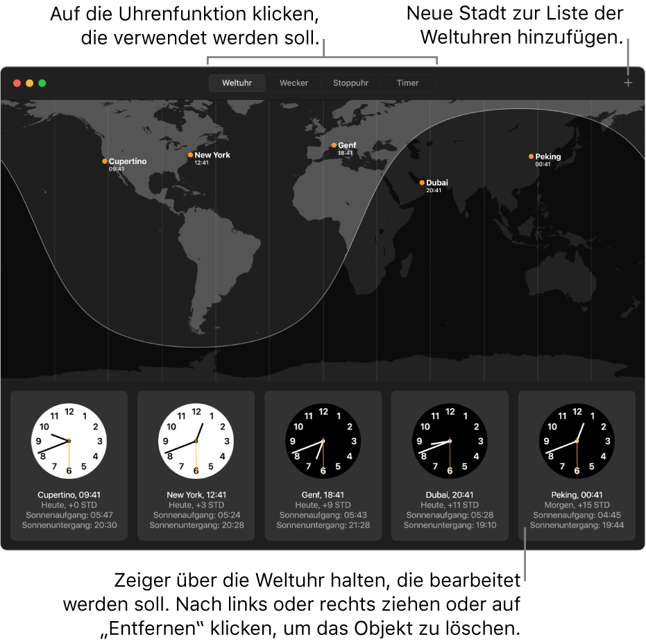 Eine Weltkarte, die die Ortszeit, den Sonnenaufgang und den Sonnenuntergang in verschiedenen Städten der Welt anzeigt.