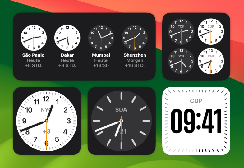 Mehrere analoge „Uhr“-Widgets auf dem Schreibtisch mit der aktuellen Uhrzeit in verschiedenen Städten und Kontinenten. Ein digitales Uhr-Widget zeigt die Uhrzeit in Cupertino.