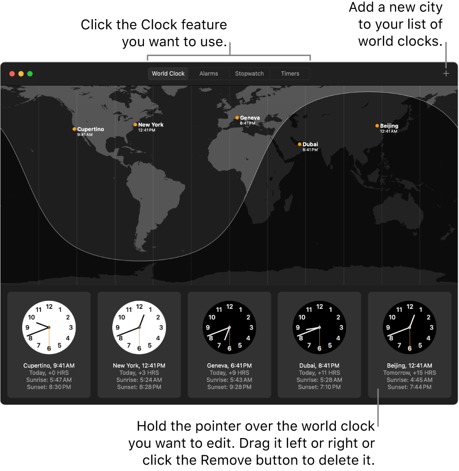 A world map showing the local time, sunrise, and sunset in various cities around the world.