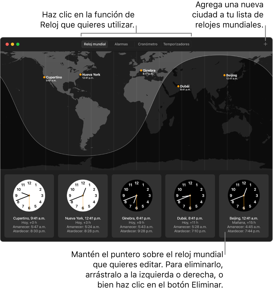 Un mapa mundial mostrando la hora local, la salida y la puesta del sol en varias ciudades del mundo.