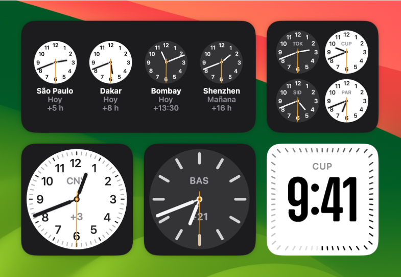 Varios widgets de Reloj analógico en el escritorio mostrando la hora actual en varias ciudades y continentes. Un widget de Reloj digital muestra la hora en Cupertino.