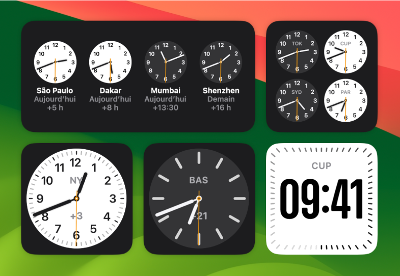 Plusieurs widgets Horloge analogique sur le bureau qui indiquent l’heure actuelle dans différentes villes et sur différents continents. Un widget Horloge numérique indique l’heure à Cupertino.