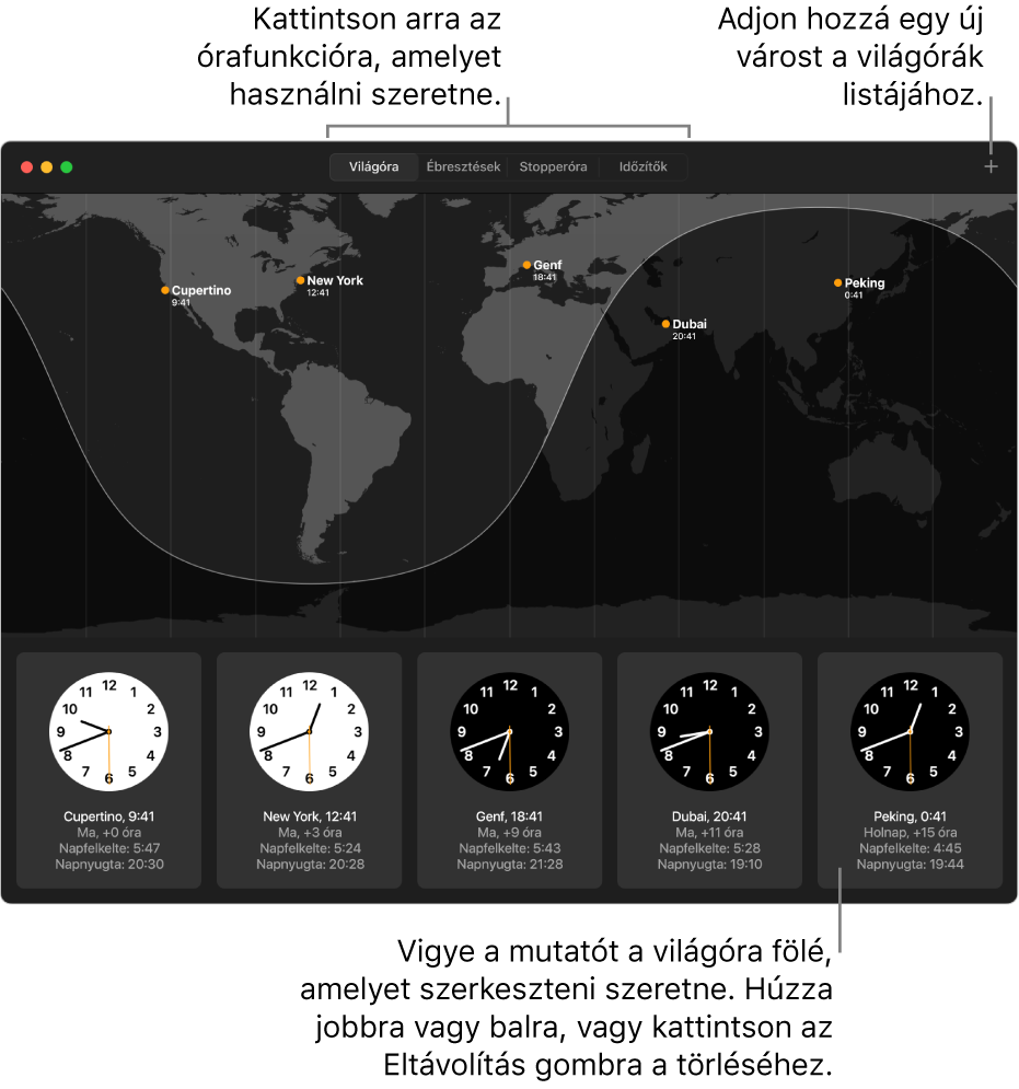 Egy világtérkép, amelyen helyi időt,illetve napkelte és napnyugta időpontja látható a világ különböző városaiban.