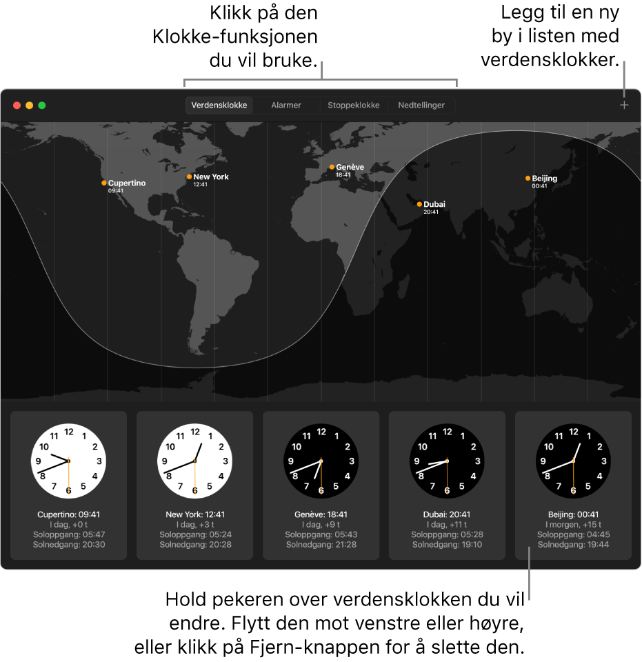 Et verdenskart viser lokal tid, soloppgang og solnedgang i forskjellige rundt om i verden.