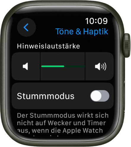Die Einstellungen für „Töne & Haptik“ auf der Apple Watch mit dem Regler „Warnton-Lautstärke“ oben und dem Schalter „Stummmodus“ darunter.
