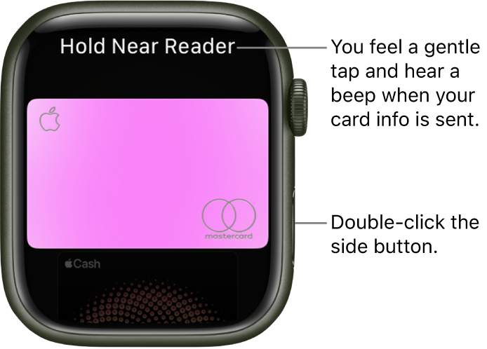 Apple Pay screen with “Hold Near Reader” at the top; you feel a gentle tap and hear a beep when your card info is sent.